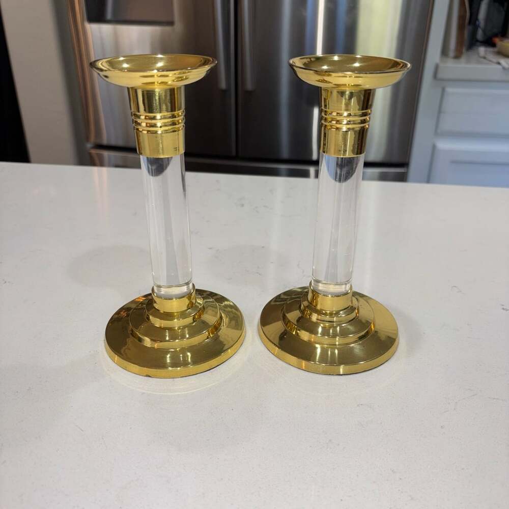Hampton Brass Brass and Lucite Candlestick Holders Pair